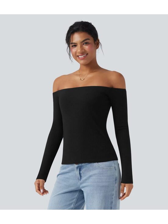 Halara Tops - Halara Ribbed Knit Off Shoulder Long Sleeve 2-in-1 Casual Top Black Size Large